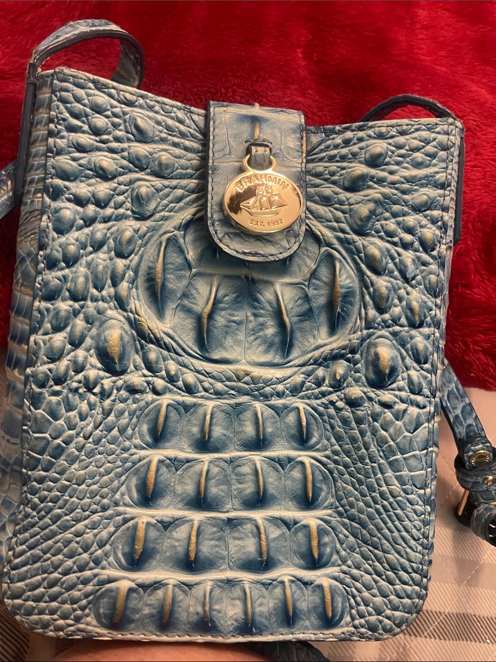 Brahmin Blue  Melbourn  Croc-Embossed Leather Crossbody Bag  EUC Retail $200